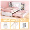 Twin/Full Wood Platform Bed w/ Trundle and Storage Bookcase Headboard in White