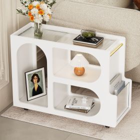Mobile End Table with Lockable Wheels, Narrow Coffee Table with 5mm Thick Fluted Tempered Glass, Modern Nightstand with Golden Round Rod, Living Room (Material: MDF, Color: White)